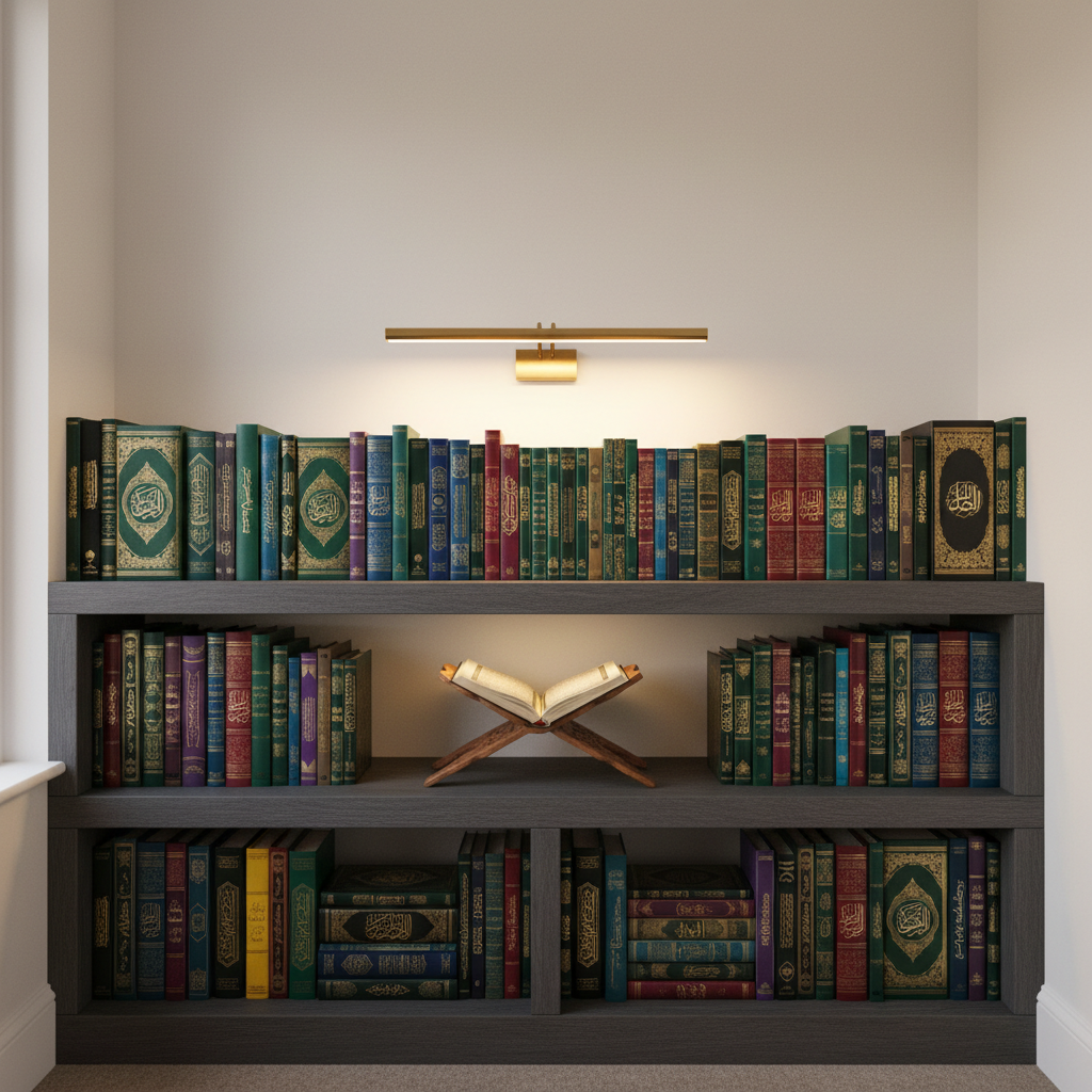 An elegant, modern home study corner featuring a low-profile, charcoal-grey bookshelf filled with neatly arranged Islamic reference books in rich jewel-toned covers, each spine adorned with fine gold lettering. Centered on the middle shelf, a beautifully illuminated Qur’an on a carved wooden rihaal glows gently under a slim, brushed-brass LED picture light. The surrounding walls are smooth, warm white, with no clutter, emphasizing a refined, scholarly aesthetic. Soft evening light from an unseen window combines with the warm artificial glow, creating delicate highlights on the book edges. Captured in photographic realism from a slightly elevated angle with balanced composition, the scene feels serene, sophisticated, and perfectly suited to an online Islamic institute emphasizing depth, precision, and timeless knowledge.